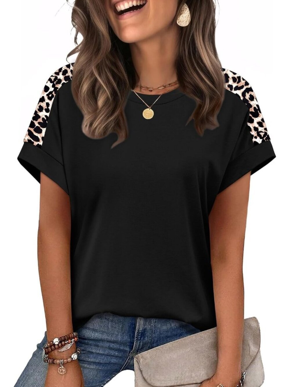 Women's Black Leopard Crew-neck Short Sleeve Classic Loose Fit Summer Shirt
